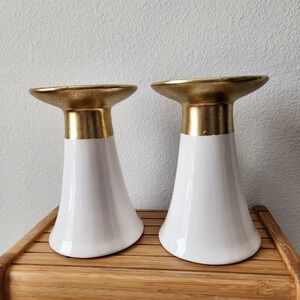 Christmas 2016 Hobby Lobby Gold White Pedestal Pillar‎ Candle Holders Set Of 2